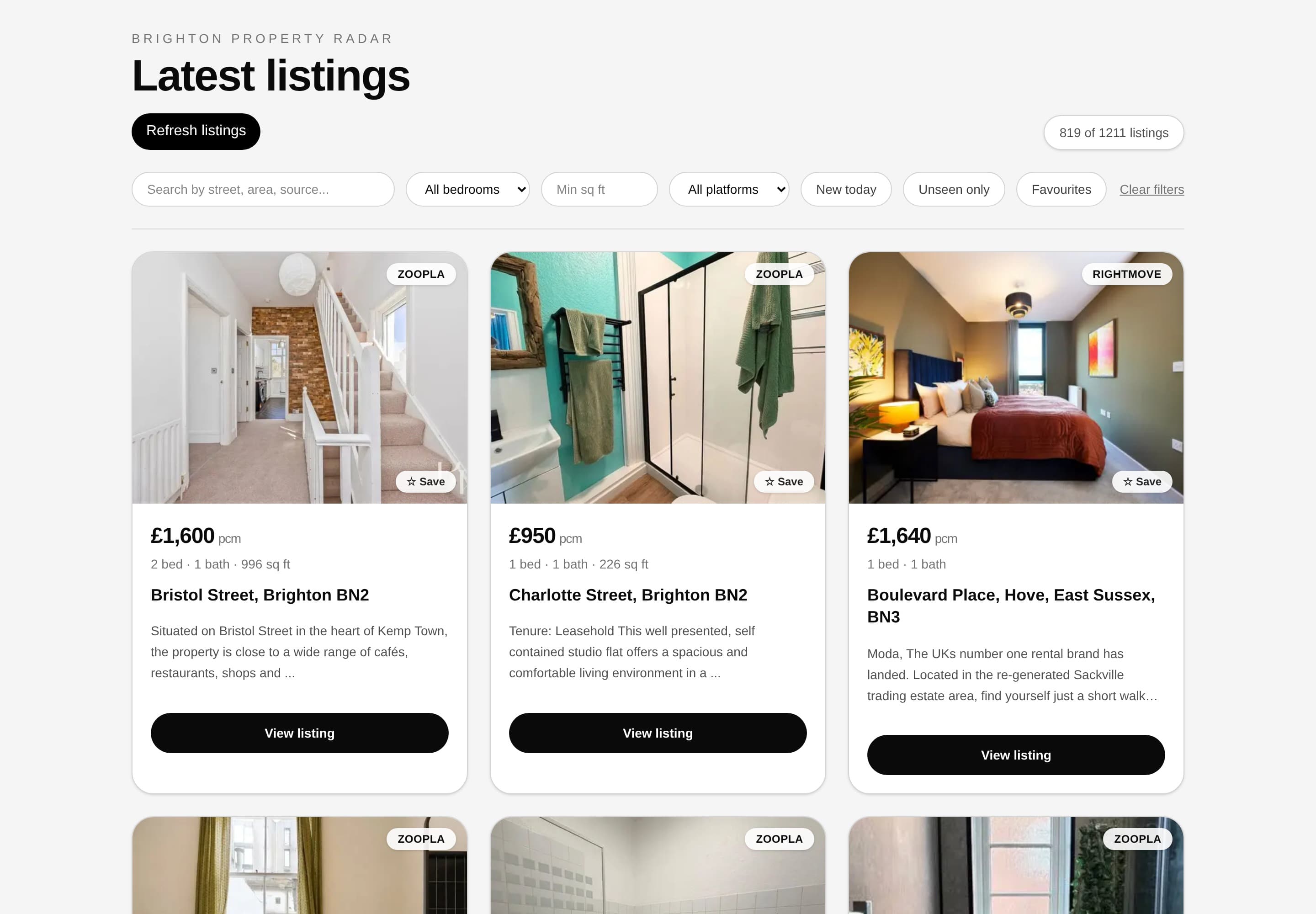 Property Radar desktop search with filters and rental listings from multiple platforms