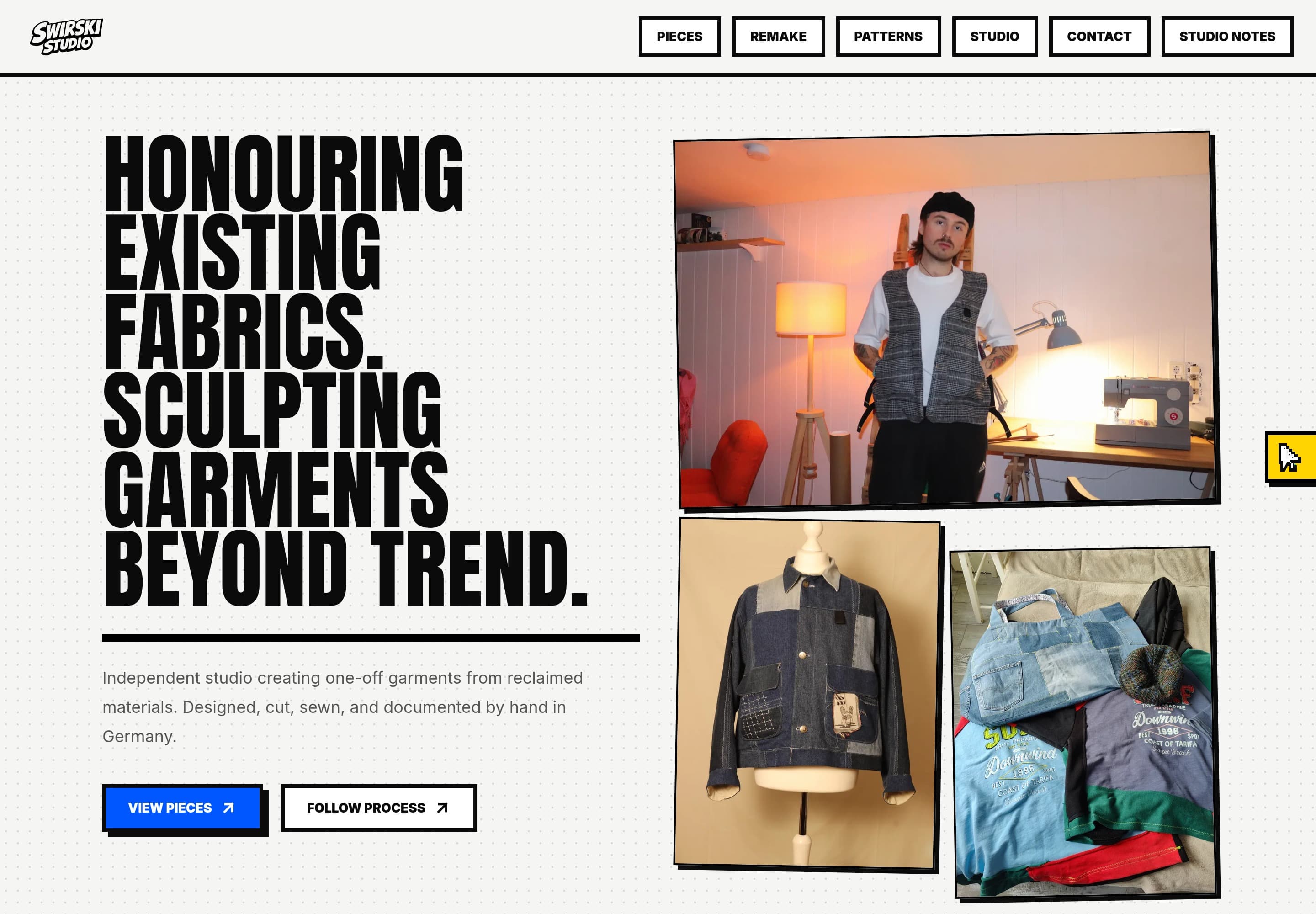 Swirski Studio desktop homepage with garment photography and brand typography