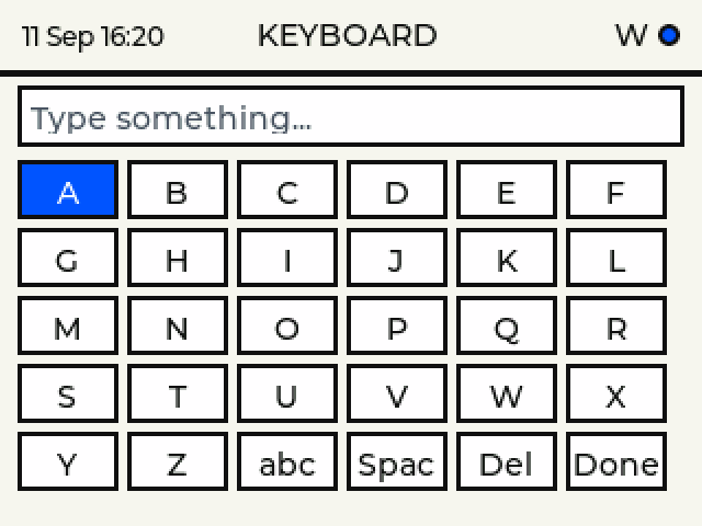 On-device virtual keyboard navigated with physical controls