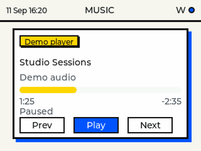 C++ music interface with track information, progress and playback controls using demo data