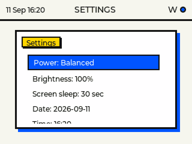 Terminal settings for power mode, brightness, screen sleep and date